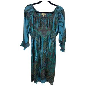One World Dress Womens Size Large Blue Teal Peasant Floral Flowy Chiffon Dress